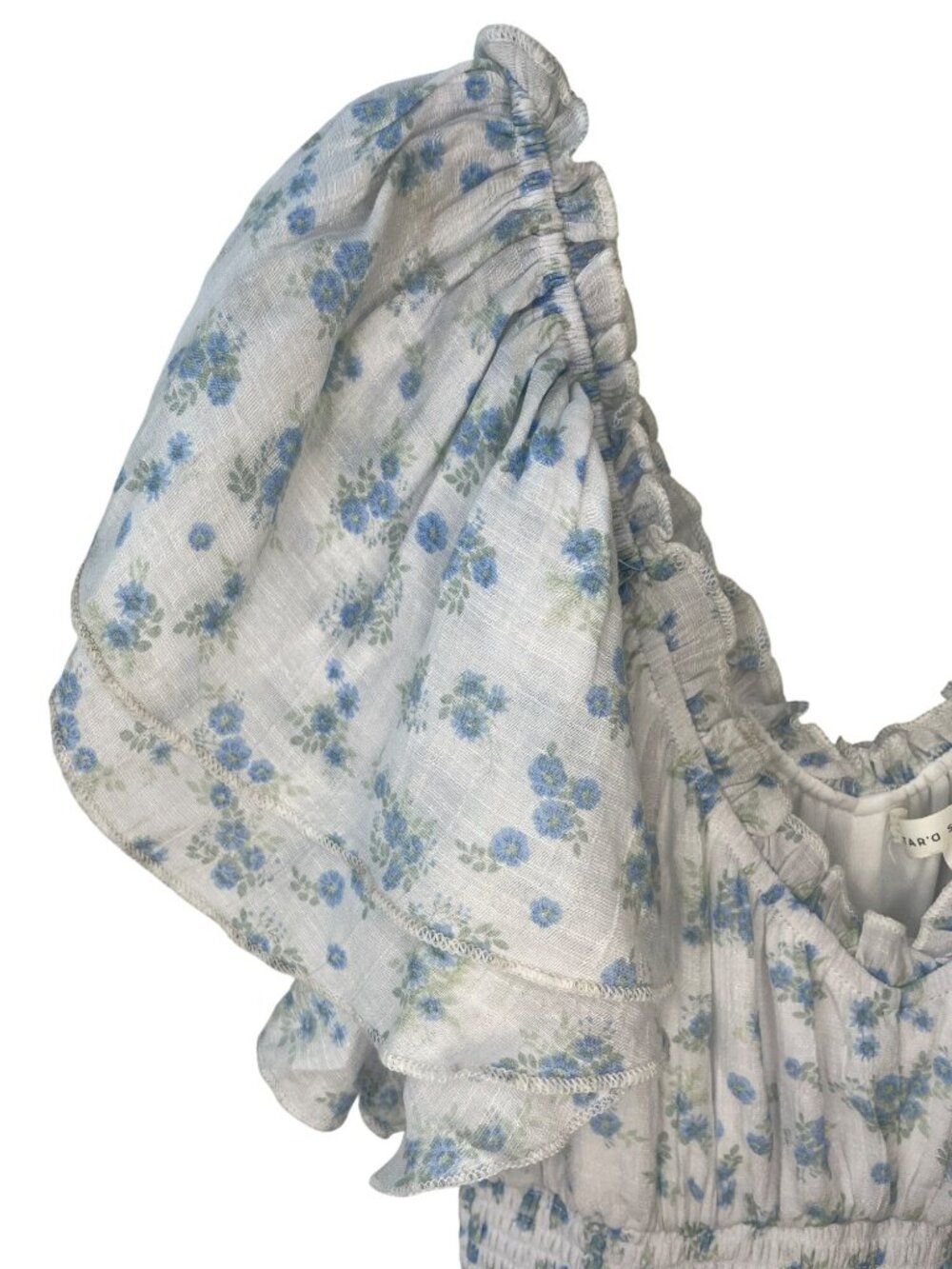 Altar'd State Floral Smocked Maxi Dress Ruffle Sleeves Lining Blue White Sz XXS - Picture 4 of 7